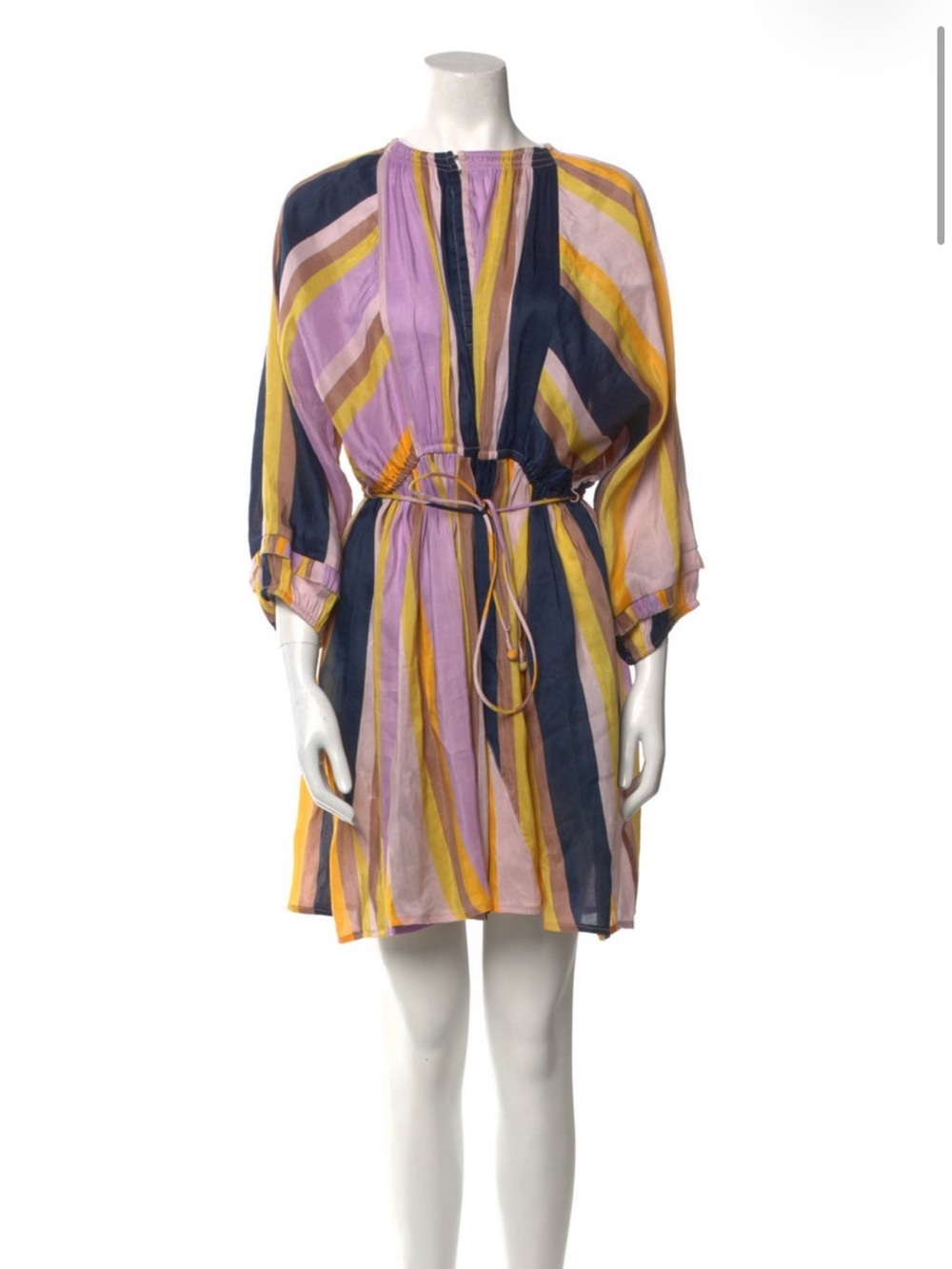 Apiece Apart Striped Multicolor Belted Mini Dress - Lavender, Navy & Mustard
